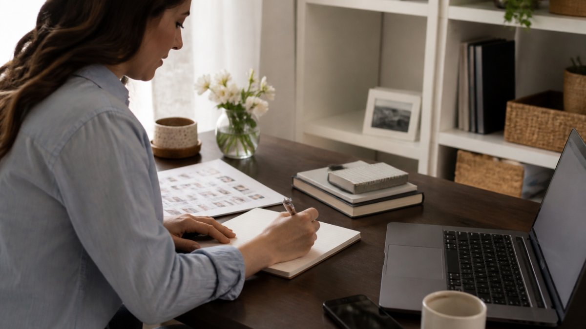 A PR professional working at a desk with a laptop, notepad, and phone, reviewing a media contact list and drafting a personalized email pitch in a bright home office setting
