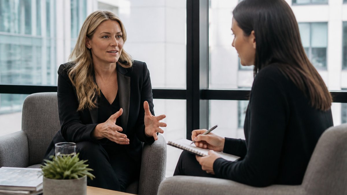 Professional services founder in business attire conducting an interview with a journalist in a modern office setting with natural lighting