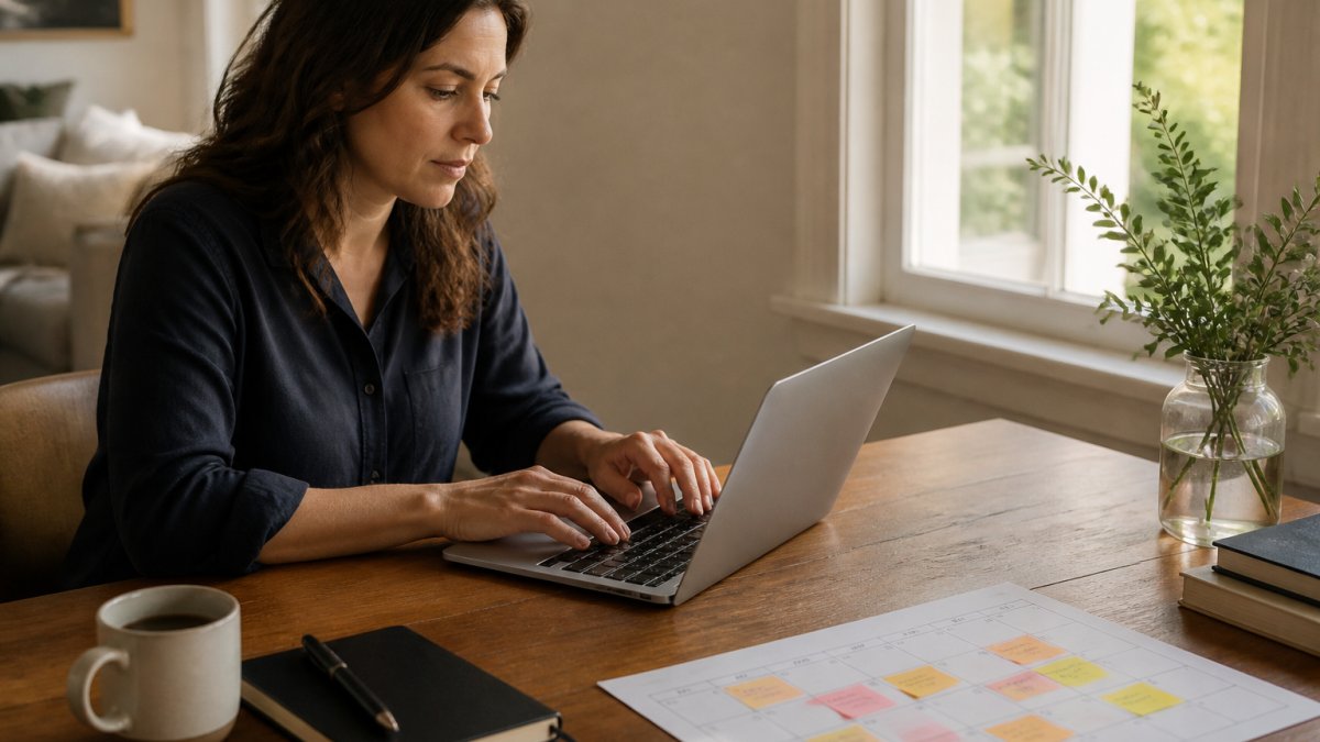 A founder working quietly at a desk with a laptop and a paper content calendar, warm morning light through a window, notebook and coffee cup beside the keyboard, calm home office setting