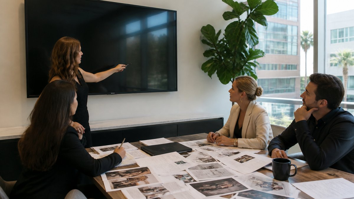 A public relations team reviewing a brand equity dashboard on a large monitor in a modern conference room, printed media coverage reports spread across the table, soft daylight through floor-to-ceiling windows