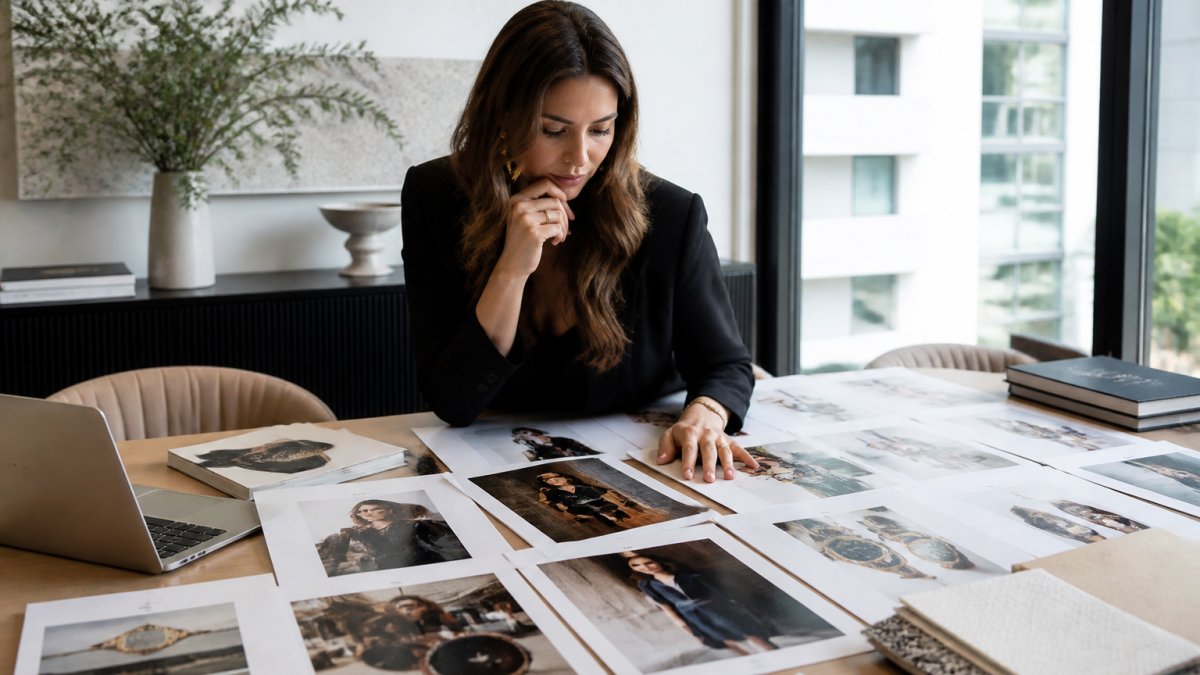 A media planner in a bright modern office reviewing a large printed layout of magazine pages and digital ad mockups spread across a conference table, with a laptop open beside them
