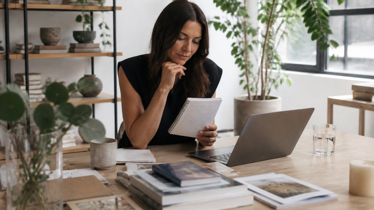 Wellness brand founder reviewing notes in a bright office for strategic pr