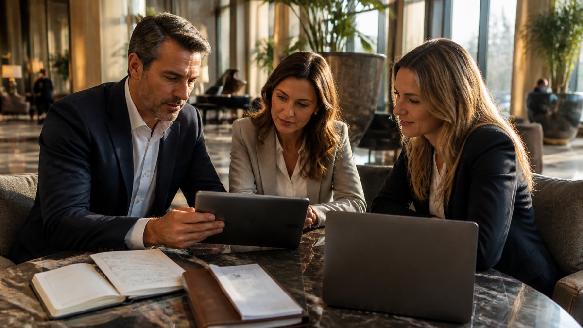 A hospitality executive and PR team reviewing a communications strategy on a tablet in a hotel lobby, with notes and a laptop on the table, warm afternoon light through tall windows